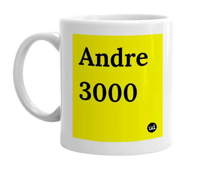 White mug with 'Andre 3000' in bold black letters