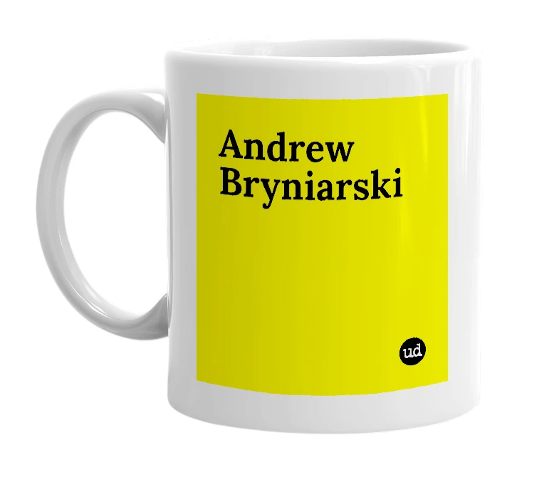 White mug with 'Andrew Bryniarski' in bold black letters