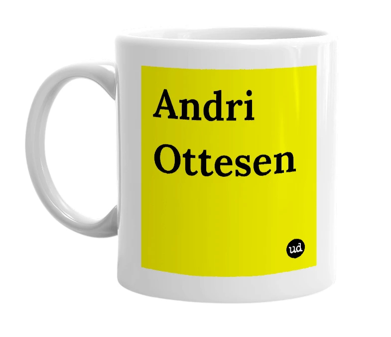 White mug with 'Andri Ottesen' in bold black letters