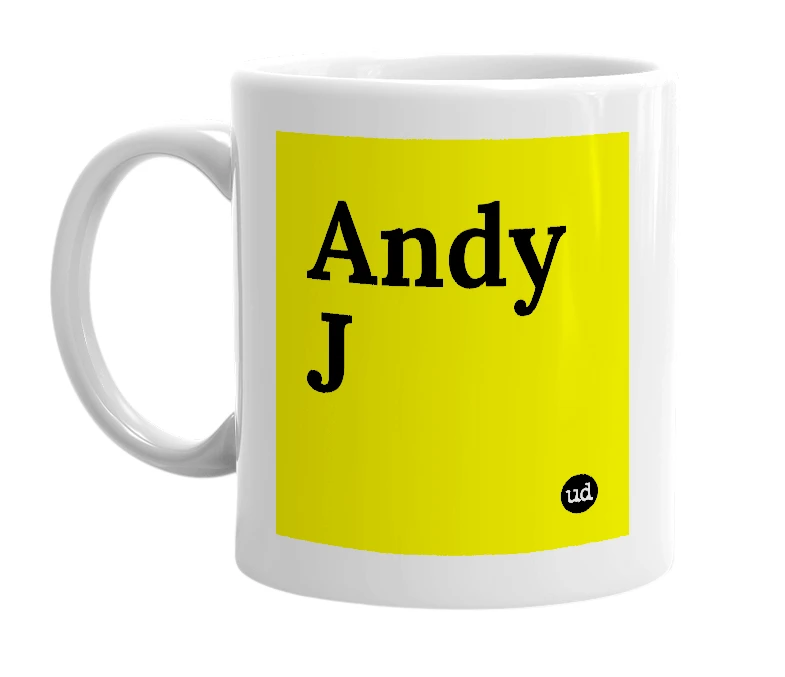 White mug with 'Andy J' in bold black letters