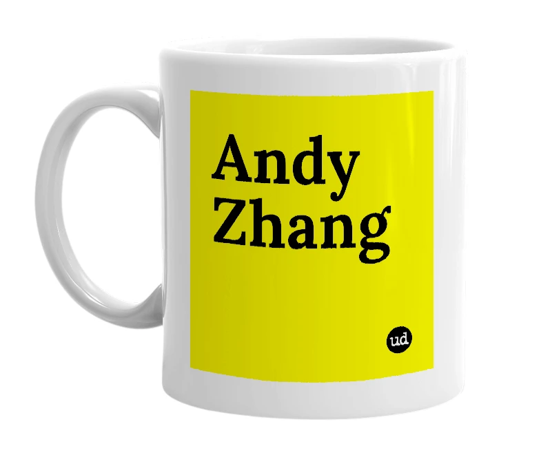 White mug with 'Andy Zhang' in bold black letters