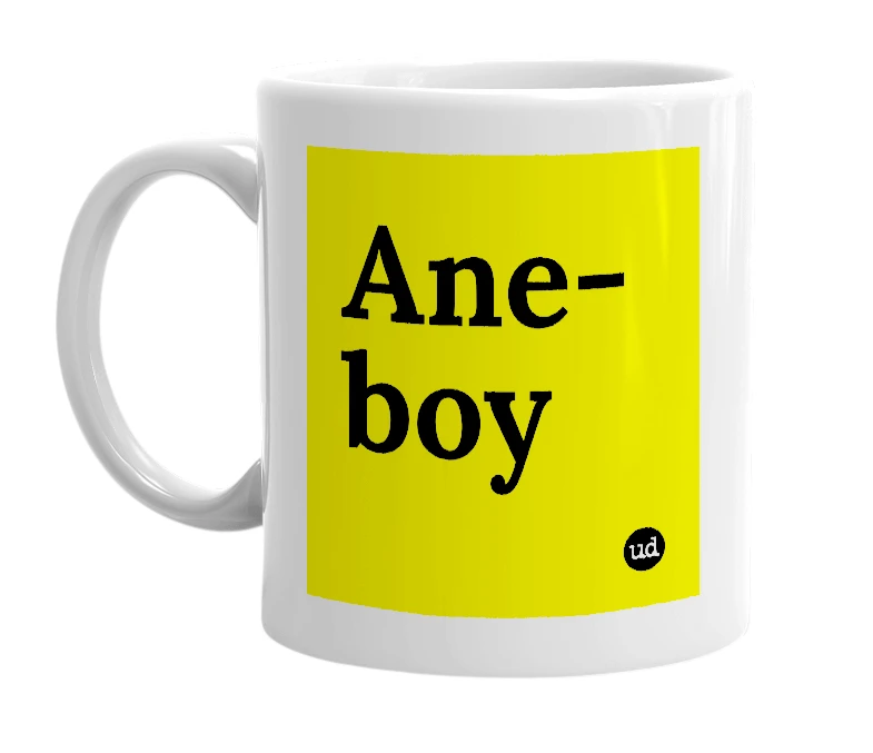 White mug with 'Ane-boy' in bold black letters