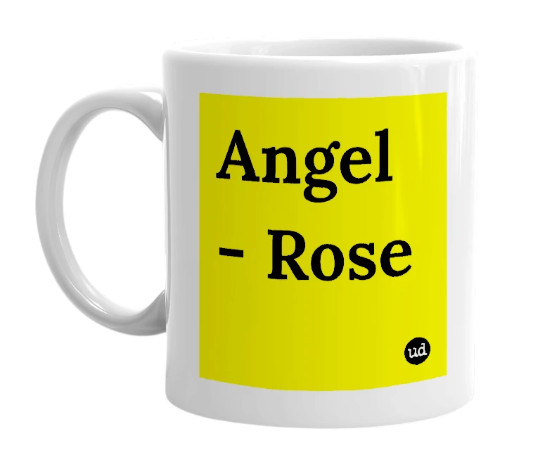 White mug with 'Angel - Rose' in bold black letters