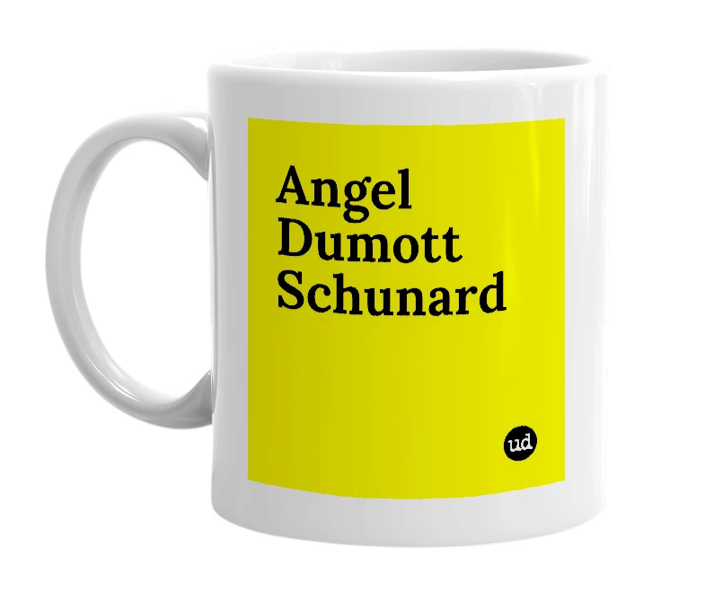 White mug with 'Angel Dumott Schunard' in bold black letters