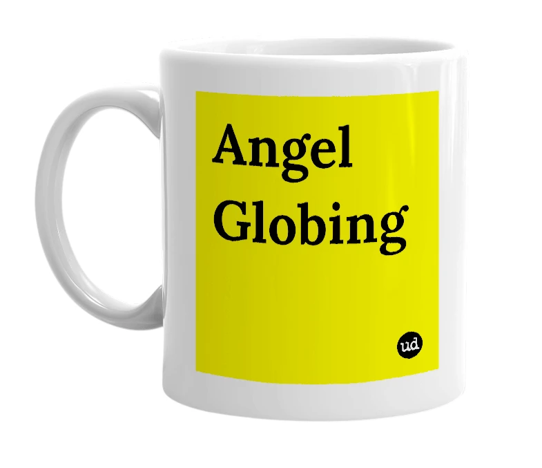 White mug with 'Angel Globing' in bold black letters