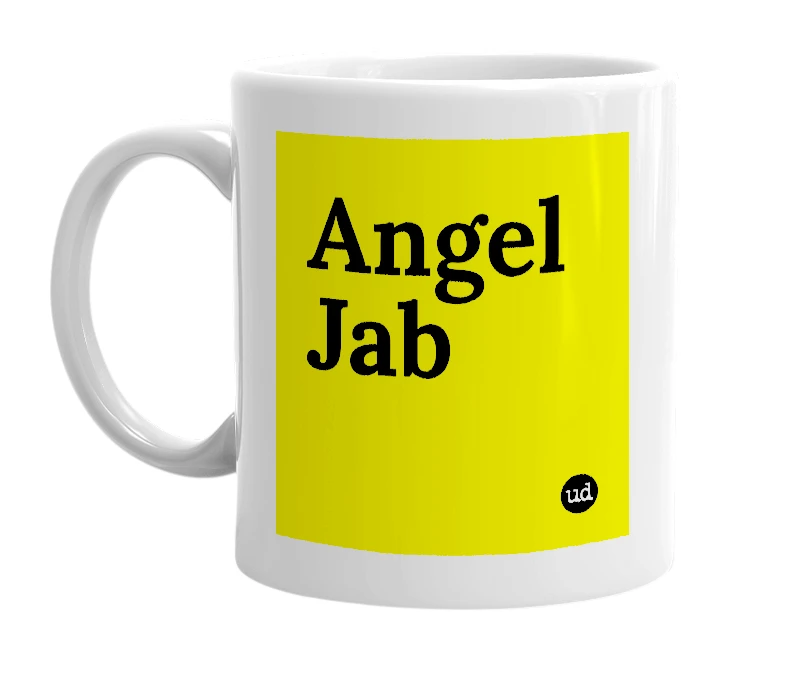 White mug with 'Angel Jab' in bold black letters