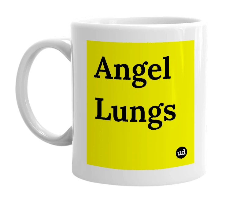 White mug with 'Angel Lungs' in bold black letters