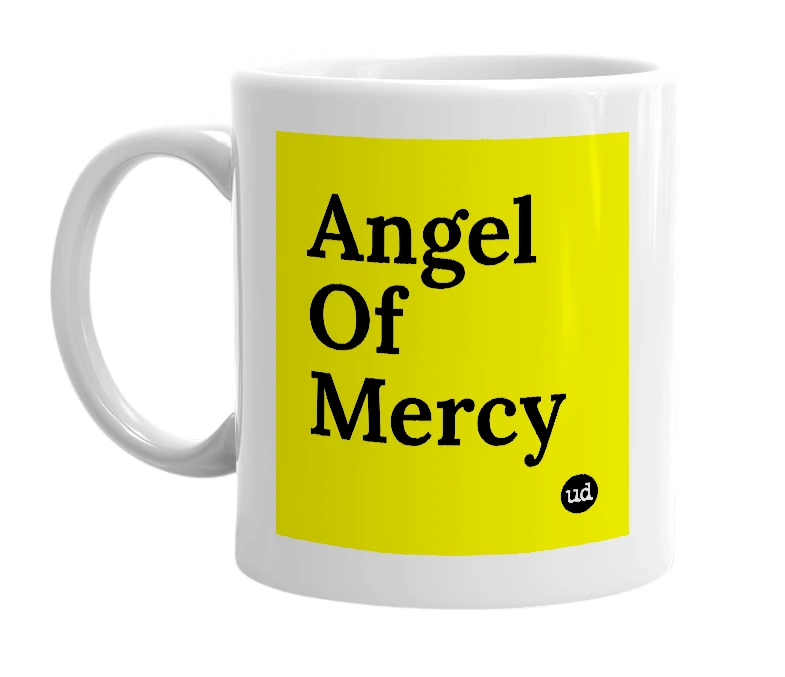 White mug with 'Angel Of Mercy' in bold black letters