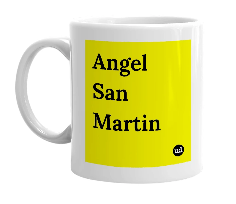White mug with 'Angel San Martin' in bold black letters