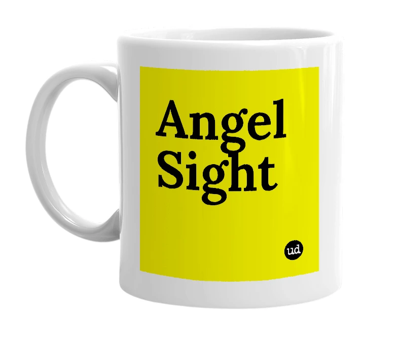 White mug with 'Angel Sight' in bold black letters
