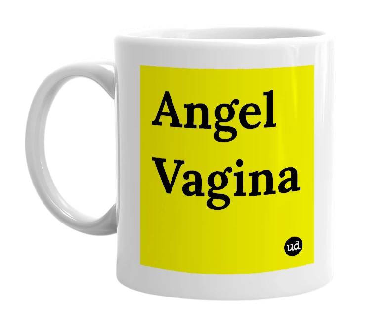 White mug with 'Angel Vagina' in bold black letters