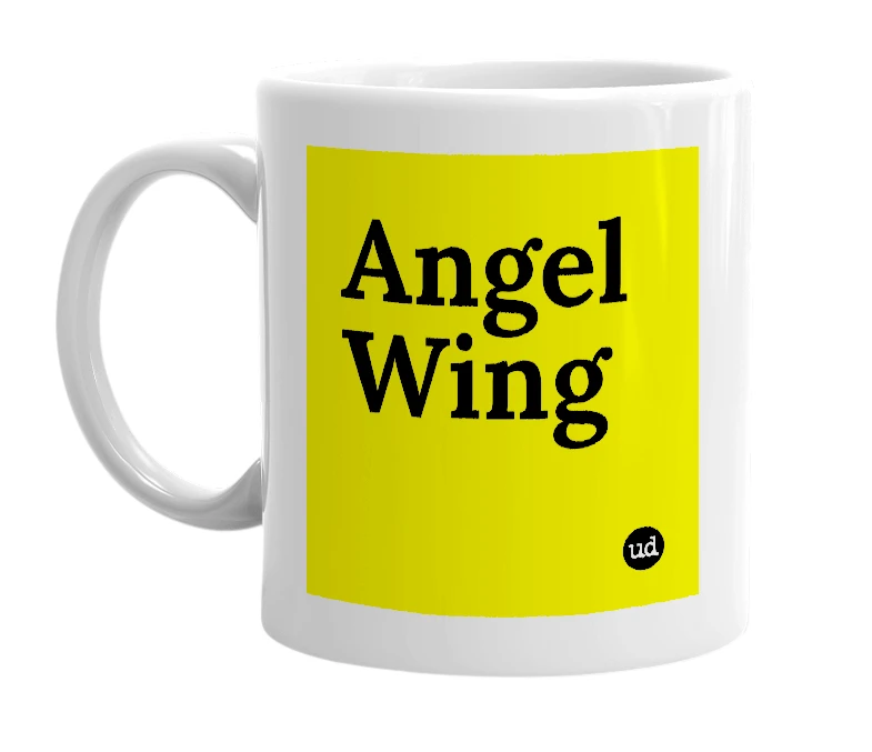 White mug with 'Angel Wing' in bold black letters