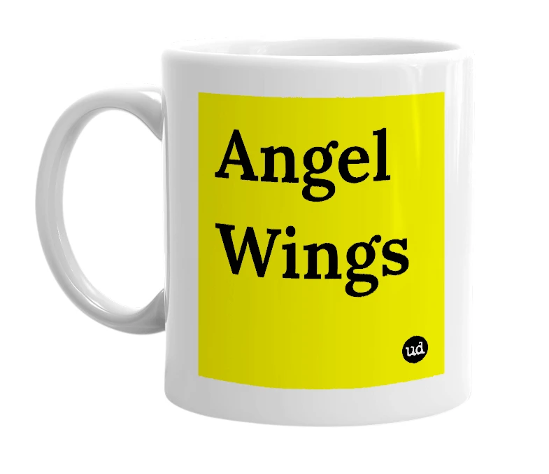 White mug with 'Angel Wings' in bold black letters
