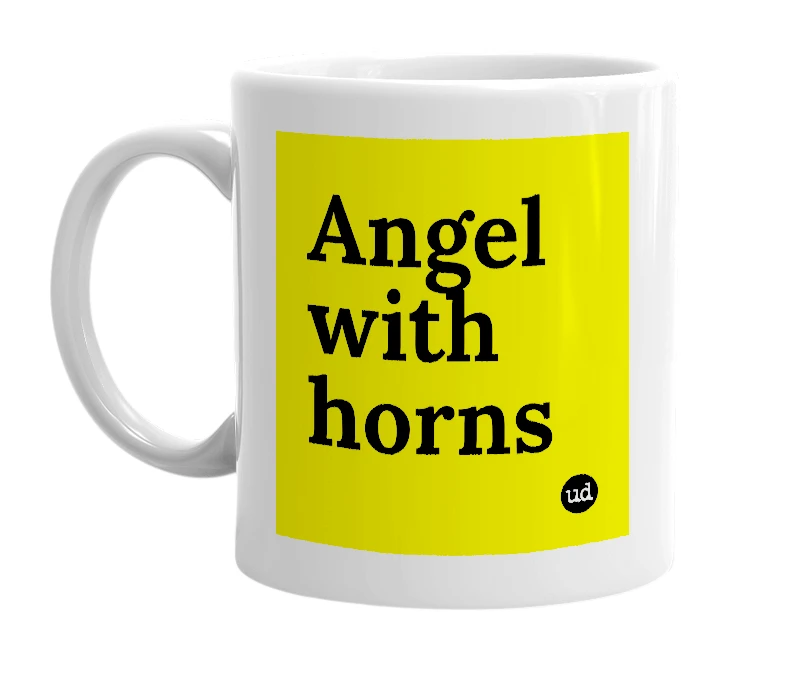 White mug with 'Angel with horns' in bold black letters