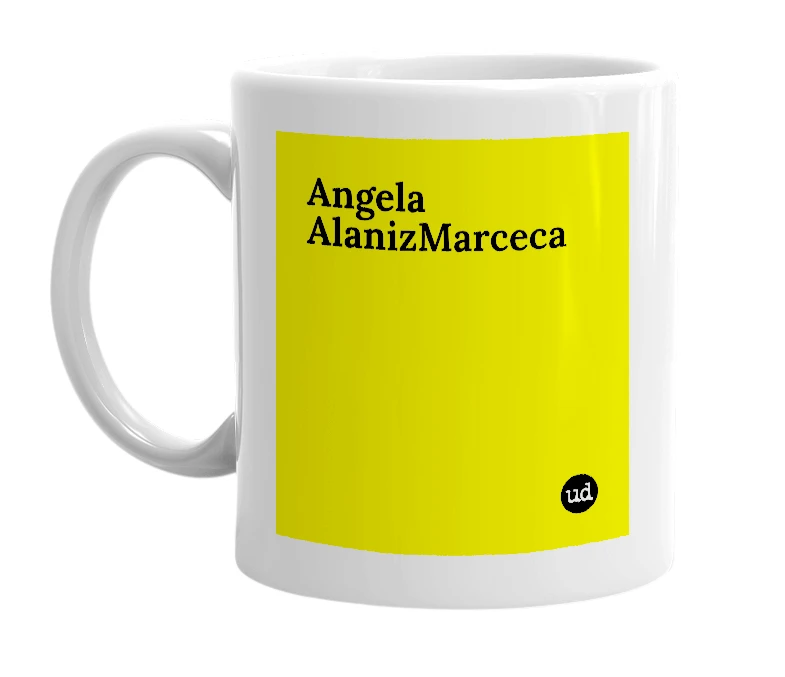 White mug with 'Angela AlanizMarceca' in bold black letters