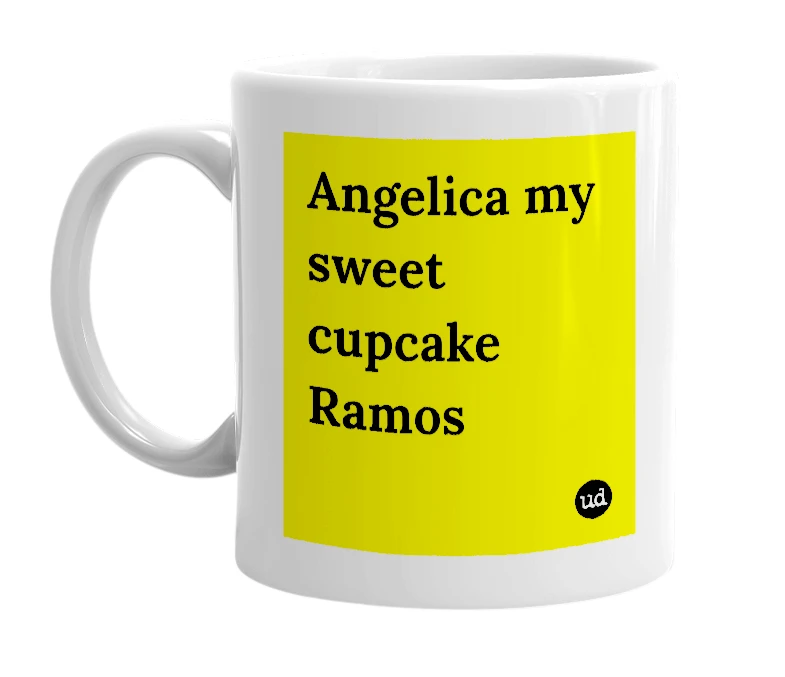 White mug with 'Angelica my sweet cupcake Ramos' in bold black letters