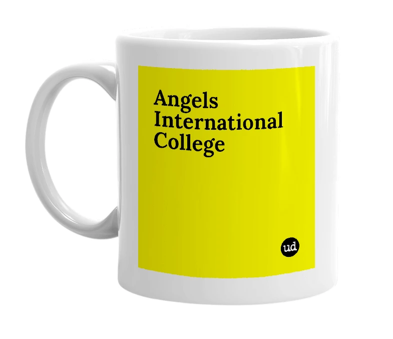White mug with 'Angels International College' in bold black letters