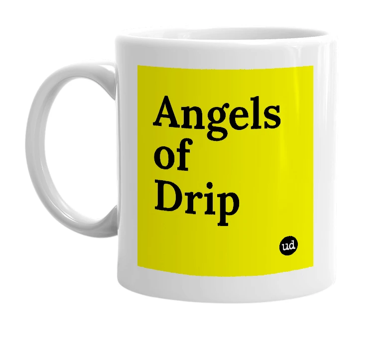 White mug with 'Angels of Drip' in bold black letters