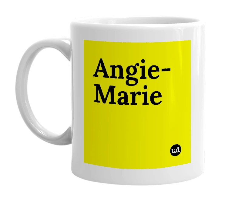 White mug with 'Angie-Marie' in bold black letters