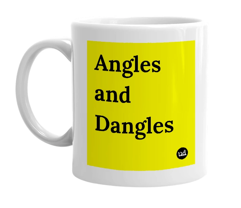 White mug with 'Angles and Dangles' in bold black letters