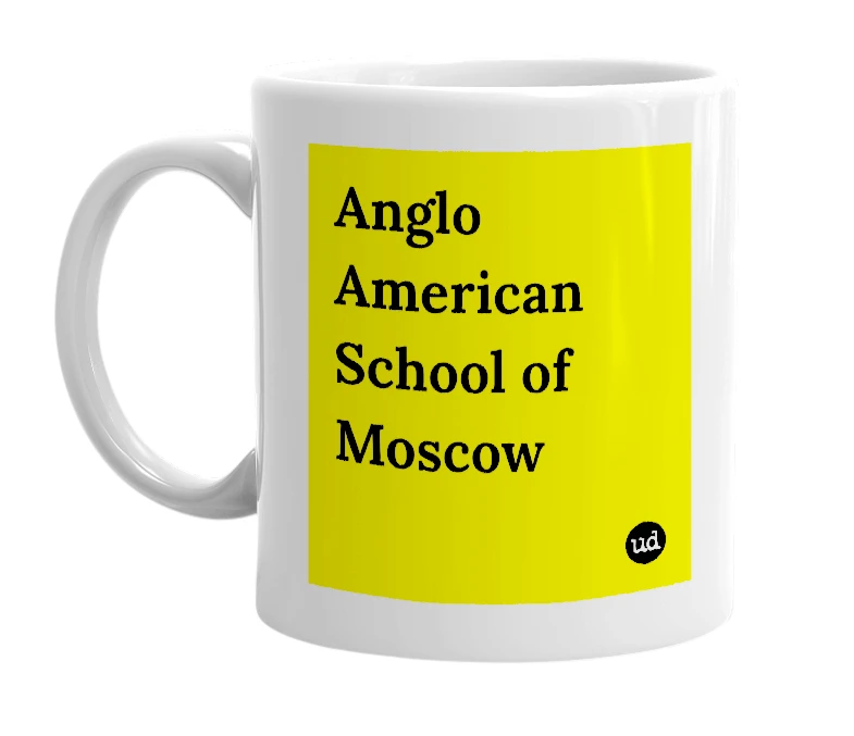 White mug with 'Anglo American School of Moscow' in bold black letters