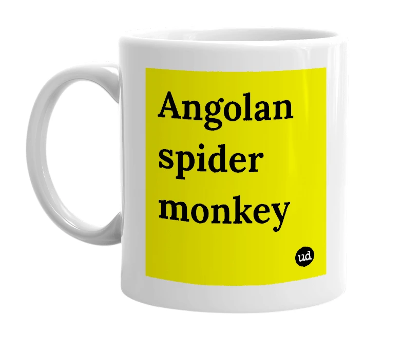 White mug with 'Angolan spider monkey' in bold black letters