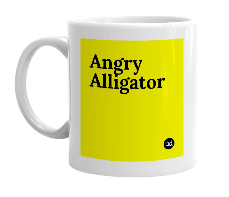 White mug with 'Angry Alligator' in bold black letters