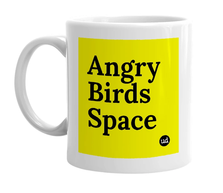 White mug with 'Angry Birds Space' in bold black letters