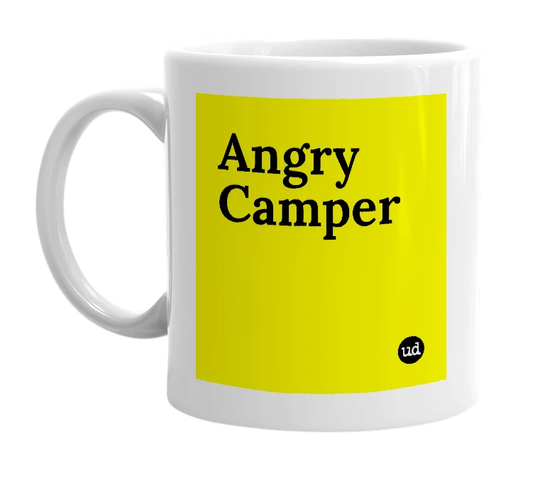 White mug with 'Angry Camper' in bold black letters