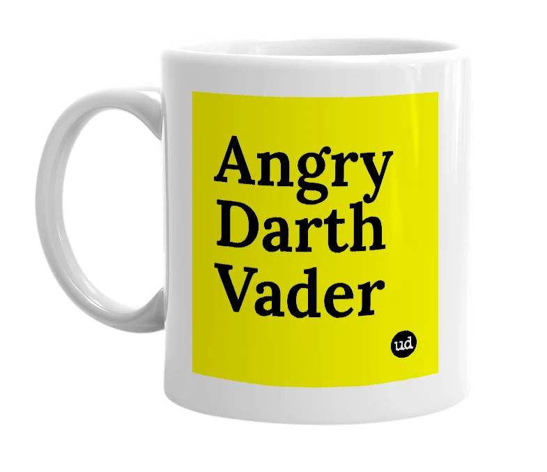 White mug with 'Angry Darth Vader' in bold black letters