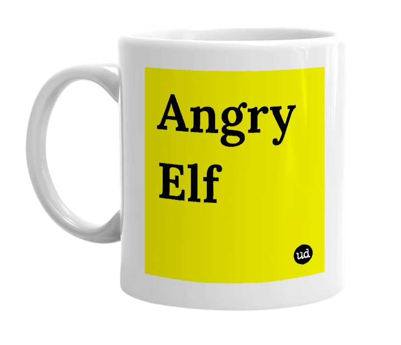 White mug with 'Angry Elf' in bold black letters