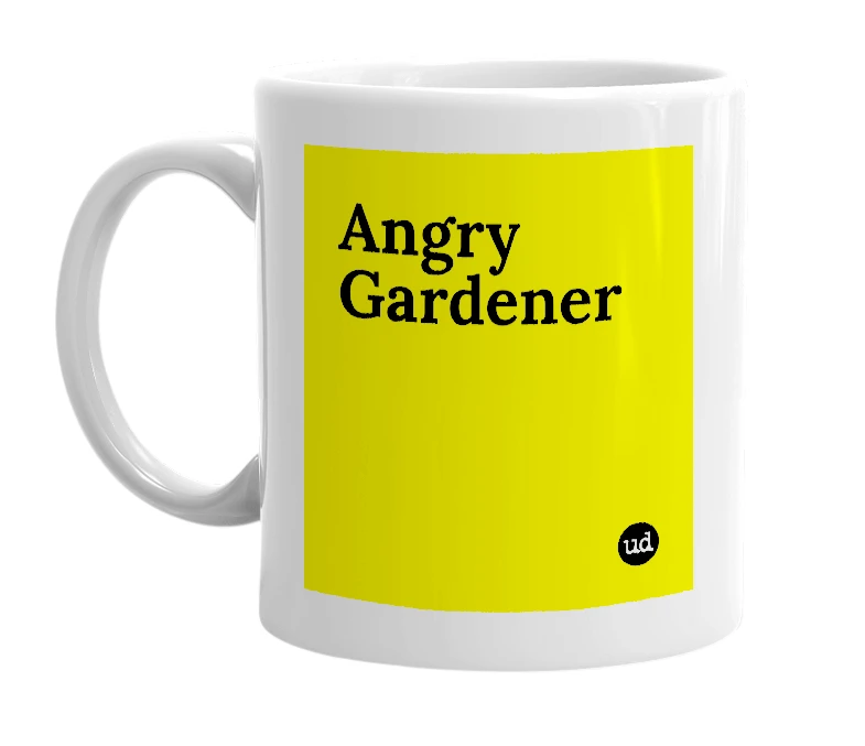 White mug with 'Angry Gardener' in bold black letters