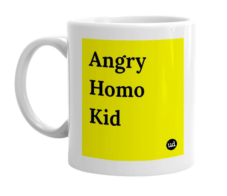 White mug with 'Angry Homo Kid' in bold black letters