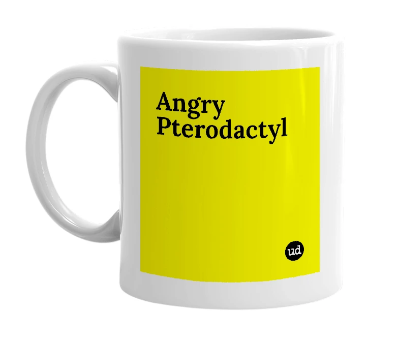 White mug with 'Angry Pterodactyl' in bold black letters