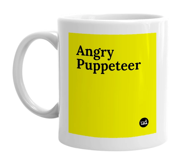 White mug with 'Angry Puppeteer' in bold black letters