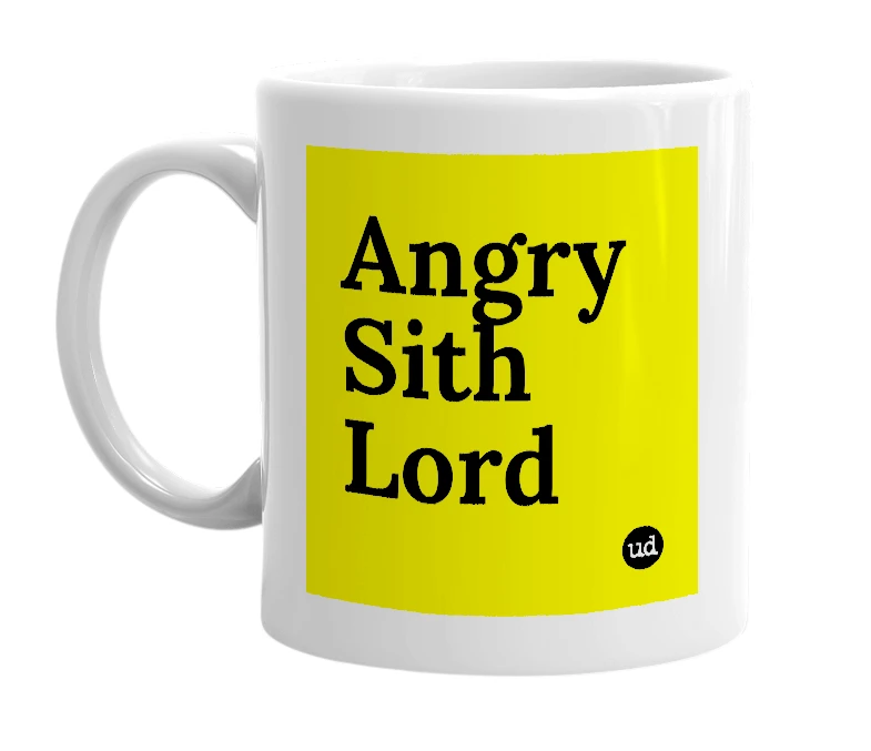 White mug with 'Angry Sith Lord' in bold black letters