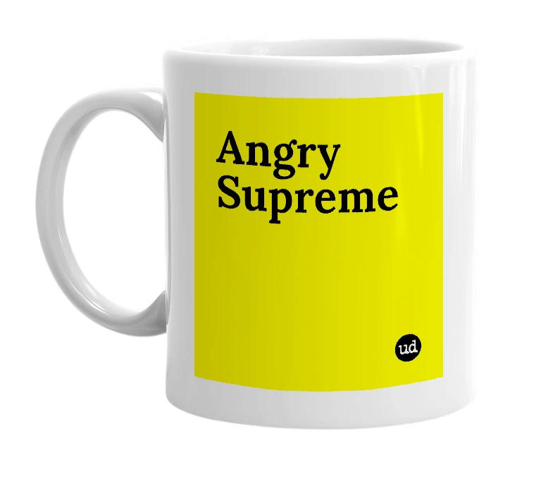 White mug with 'Angry Supreme' in bold black letters