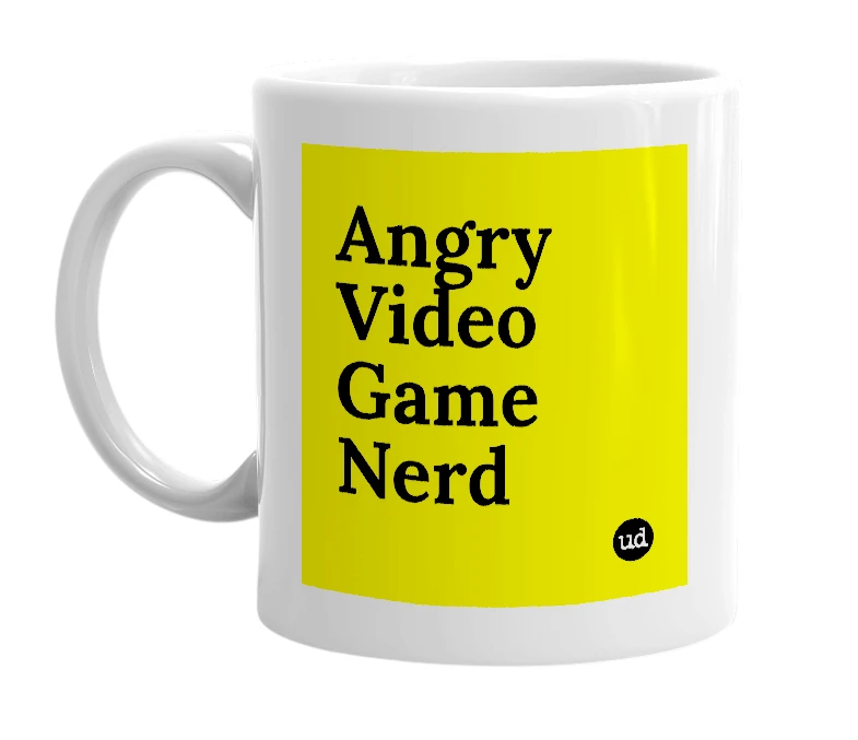 White mug with 'Angry Video Game Nerd' in bold black letters