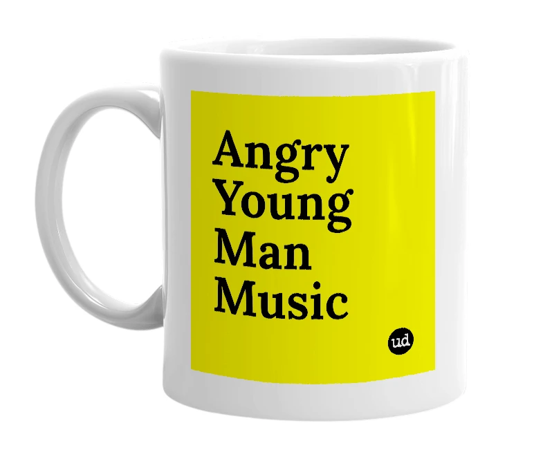 White mug with 'Angry Young Man Music' in bold black letters