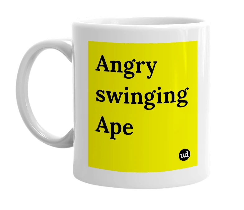 White mug with 'Angry swinging Ape' in bold black letters