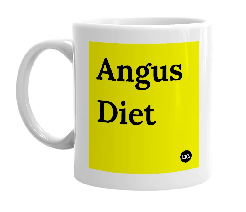 White mug with 'Angus Diet' in bold black letters