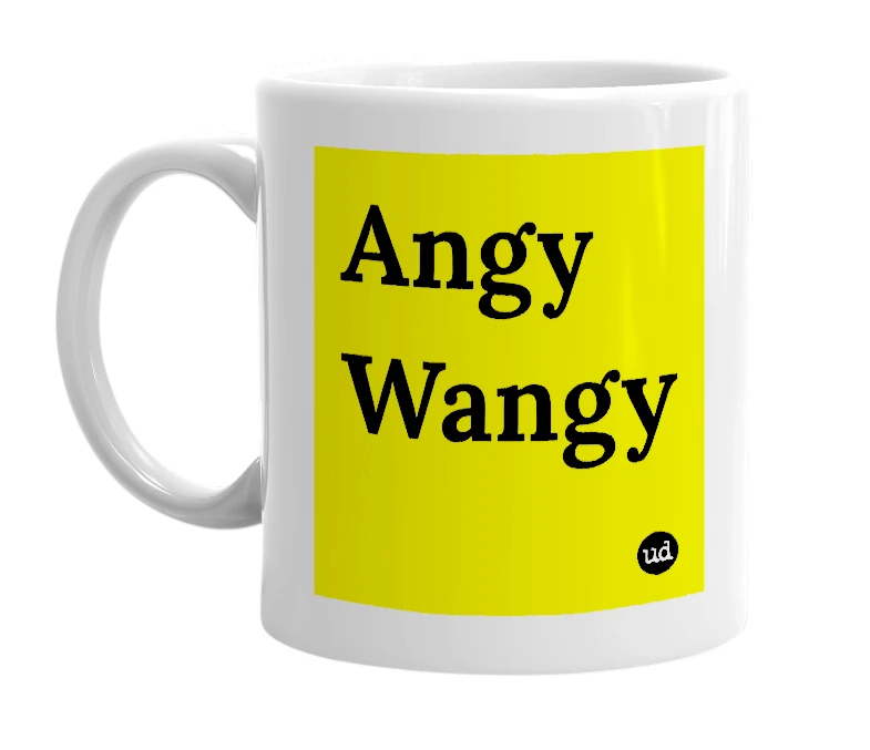 White mug with 'Angy Wangy' in bold black letters