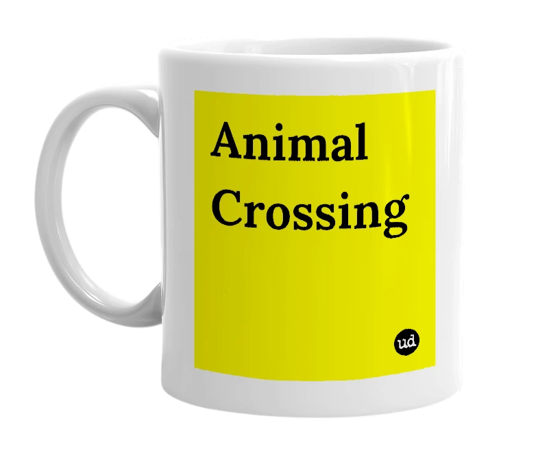 White mug with 'Animal Crossing' in bold black letters