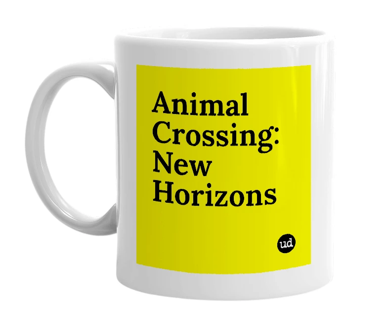 White mug with 'Animal Crossing: New Horizons' in bold black letters