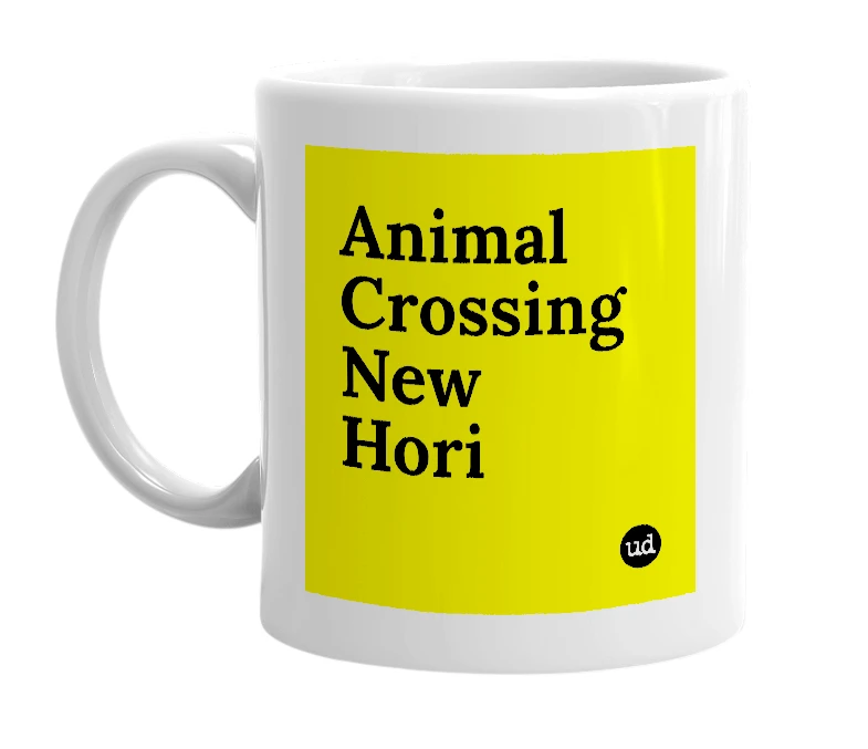 White mug with 'Animal Crossing New Hori' in bold black letters