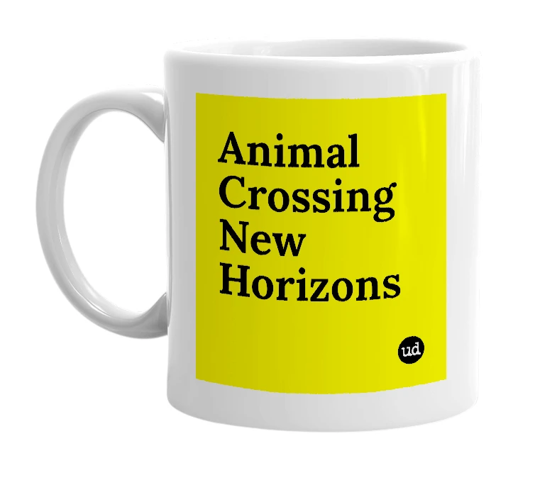 White mug with 'Animal Crossing New Horizons' in bold black letters