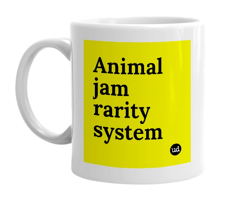 White mug with 'Animal jam rarity system' in bold black letters