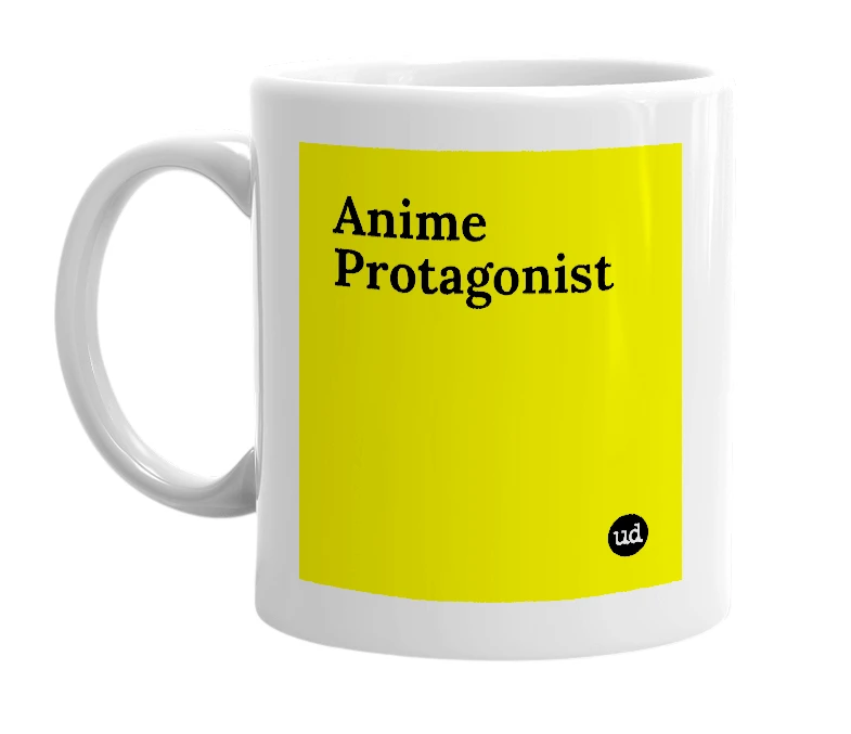 White mug with 'Anime Protagonist' in bold black letters