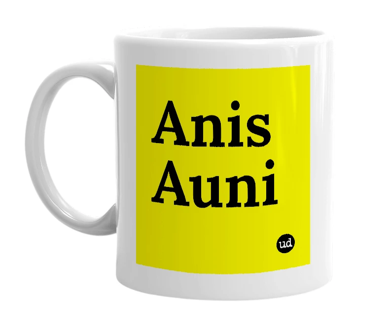 White mug with 'Anis Auni' in bold black letters