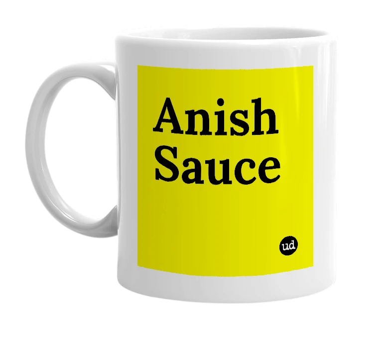 White mug with 'Anish Sauce' in bold black letters